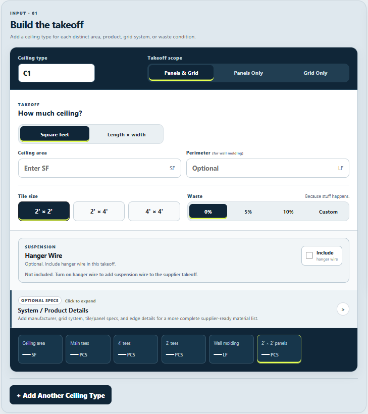 ACT Ceilings Calculator input interface