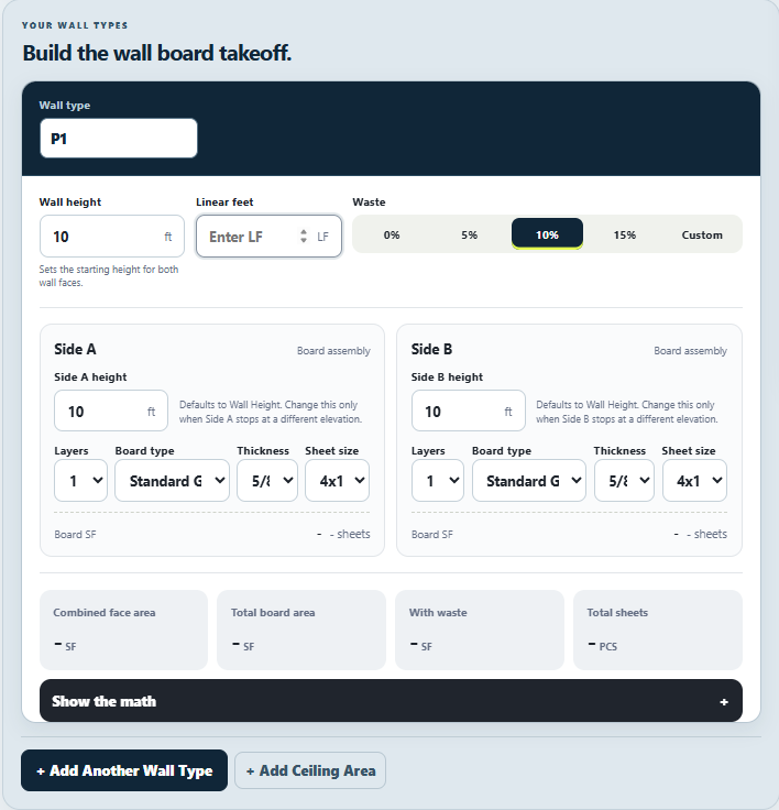 Drywall Calculator input interface