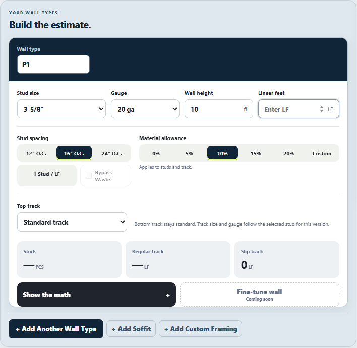 Metal Framing Calculator input interface